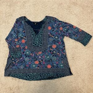 Lucky Brand Blouse Top Blue and Orange Floral Lightweight Bohemian